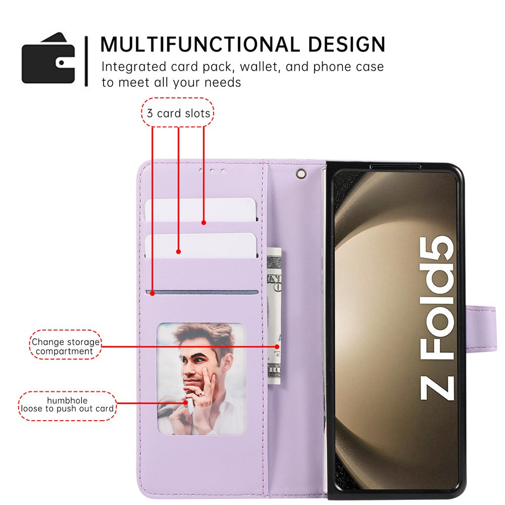 For Samsung Galaxy Z Fold7 5G Case 3D Rhombus Grid Imprinted Wallet Leather Phone Cover with Lanyard - Purple