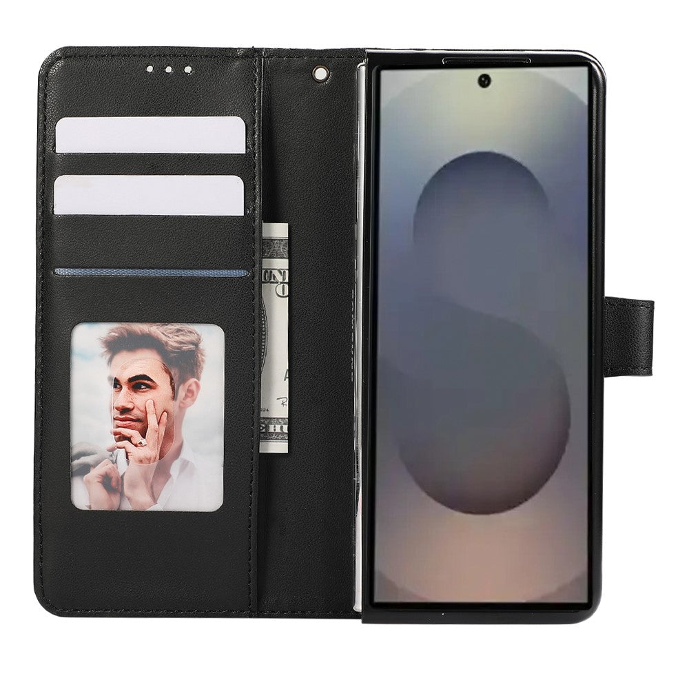 For Samsung Galaxy Z Fold7 5G Case 3D Rhombus Grid Imprinted Wallet Leather Phone Cover with Lanyard - Black