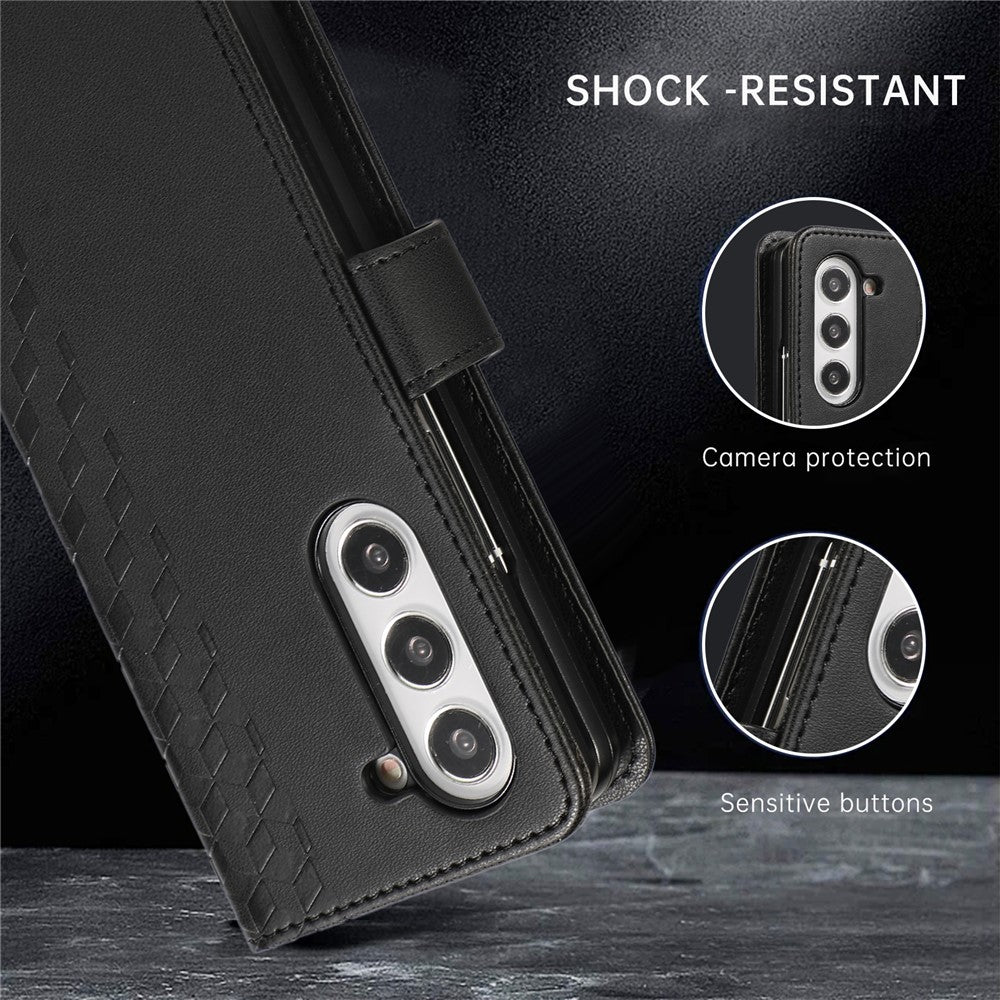 For Samsung Galaxy Z Fold7 5G Case 3D Rhombus Grid Imprinted Wallet Leather Phone Cover with Lanyard - Black