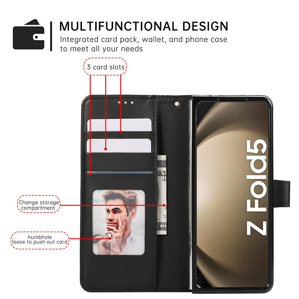 For Samsung Galaxy Z Fold7 5G Case 3D Rhombus Grid Imprinted Wallet Leather Phone Cover with Lanyard - Black