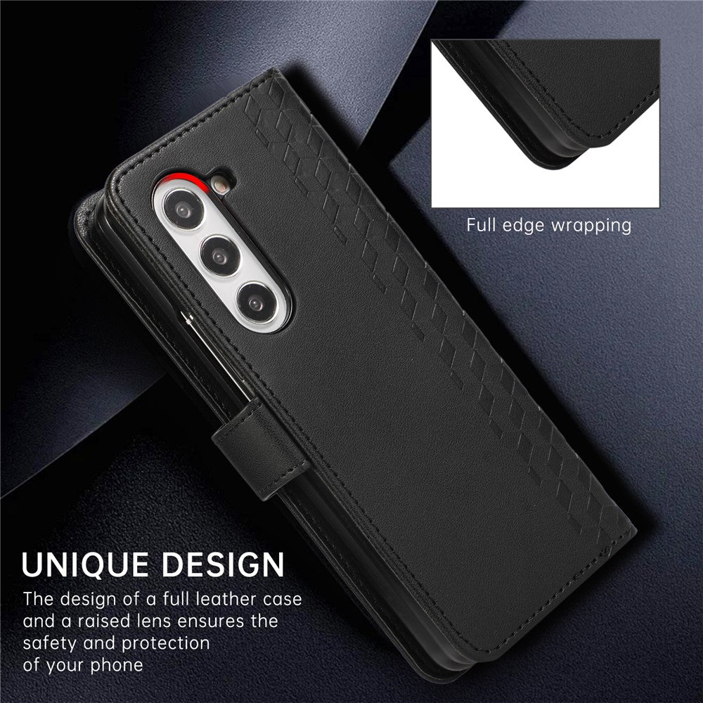 For Samsung Galaxy Z Fold7 5G Case 3D Rhombus Grid Imprinted Wallet Leather Phone Cover with Lanyard - Black