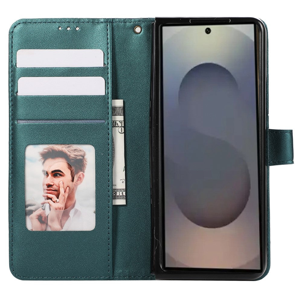 For Samsung Galaxy Z Fold7 5G Case 3D Rhombus Grid Imprinted Wallet Leather Phone Cover with Lanyard - Green