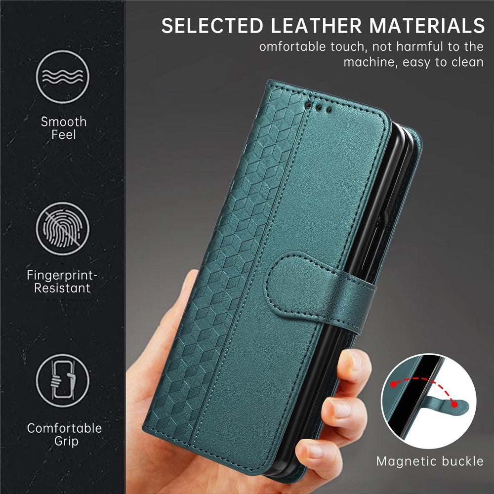 For Samsung Galaxy Z Fold7 5G Case 3D Rhombus Grid Imprinted Wallet Leather Phone Cover with Lanyard - Green
