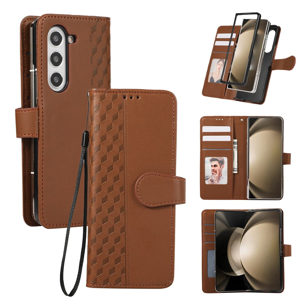 For Samsung Galaxy Z Fold7 5G Case 3D Rhombus Grid Imprinted Wallet Leather Phone Cover with Lanyard - Brown