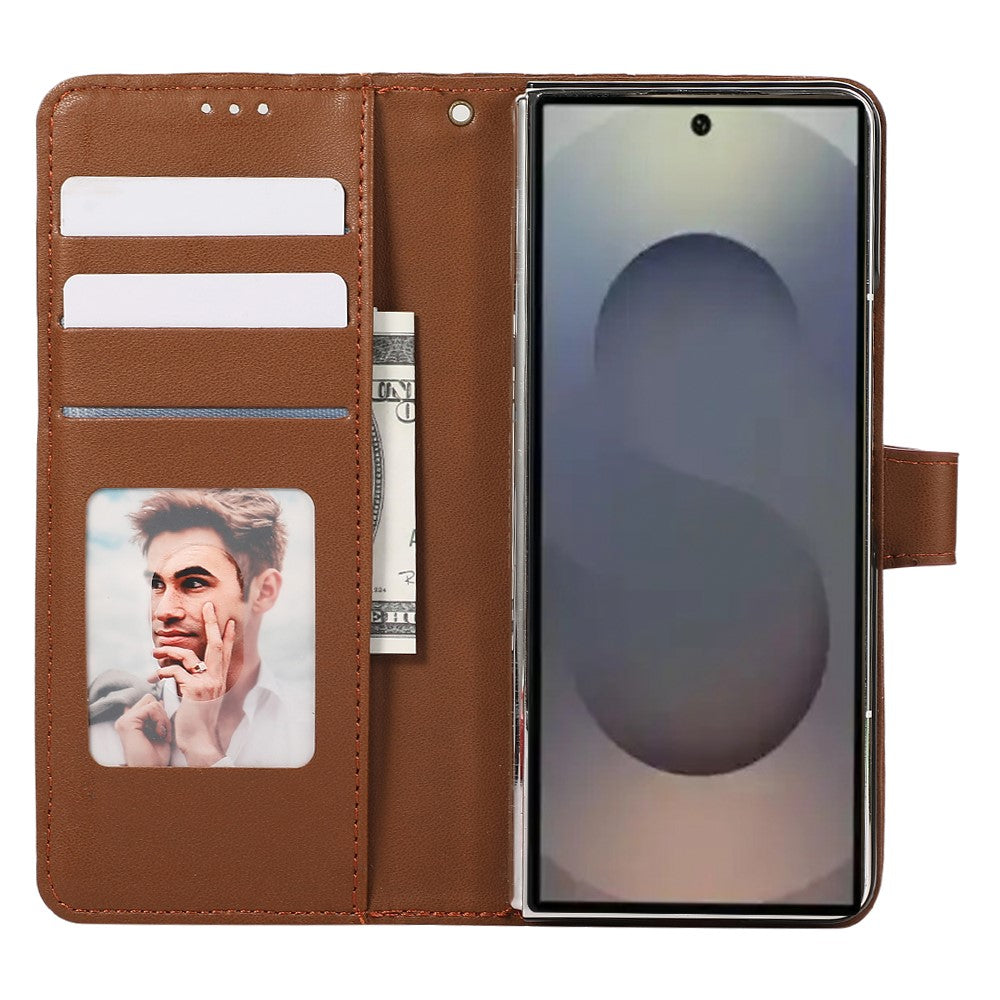 For Samsung Galaxy Z Fold7 5G Case 3D Rhombus Grid Imprinted Wallet Leather Phone Cover with Lanyard - Brown