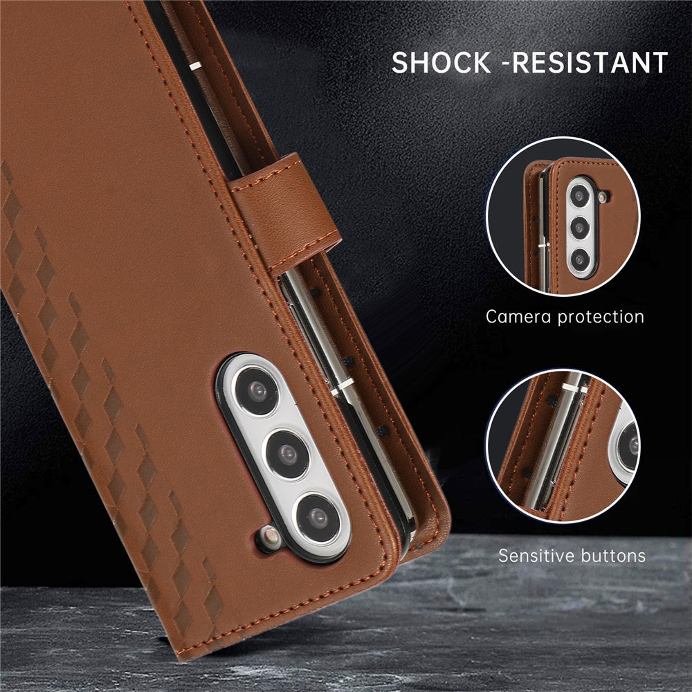 For Samsung Galaxy Z Fold7 5G Case 3D Rhombus Grid Imprinted Wallet Leather Phone Cover with Lanyard - Brown