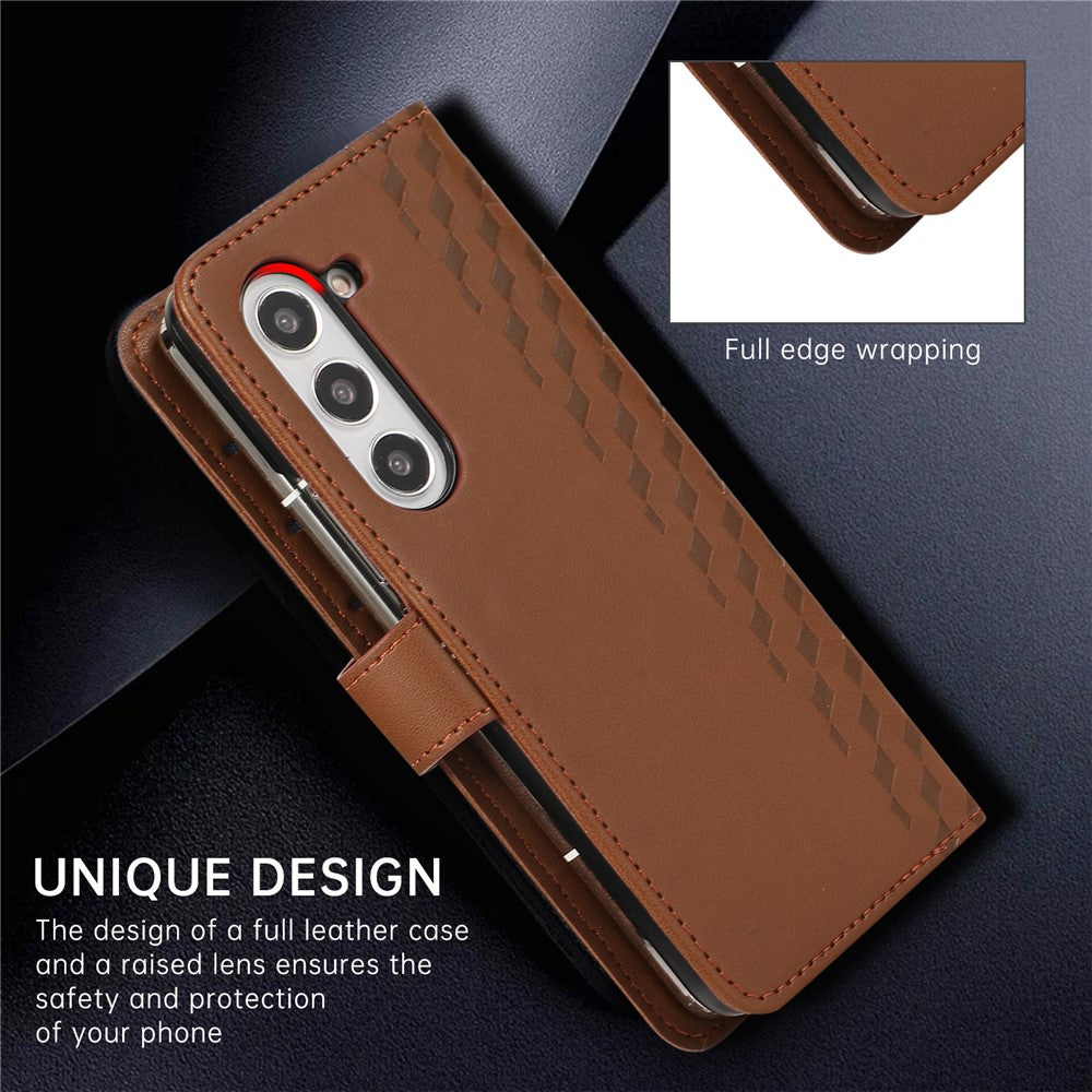 For Samsung Galaxy Z Fold7 5G Case 3D Rhombus Grid Imprinted Wallet Leather Phone Cover with Lanyard - Brown