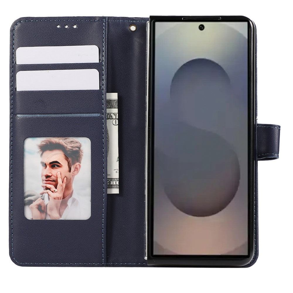 For Samsung Galaxy Z Fold7 5G Case 3D Rhombus Grid Imprinted Wallet Leather Phone Cover with Lanyard - Blue