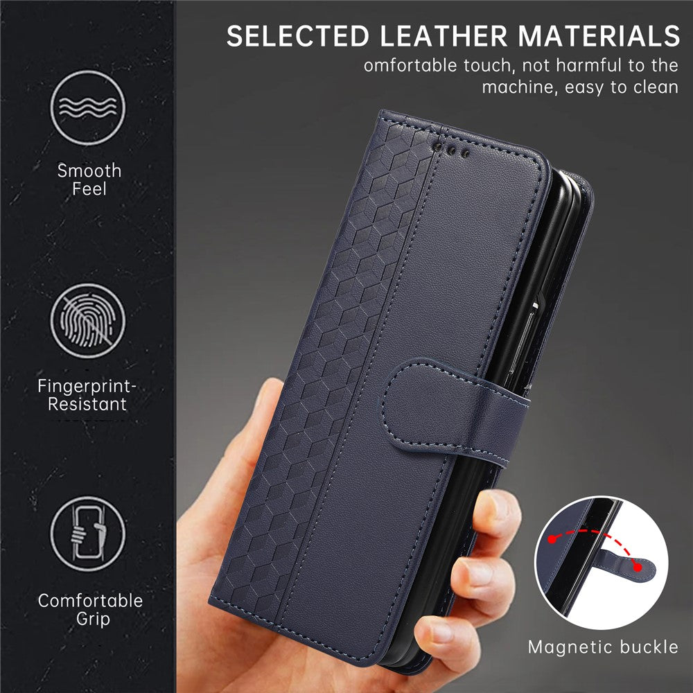 For Samsung Galaxy Z Fold7 5G Case 3D Rhombus Grid Imprinted Wallet Leather Phone Cover with Lanyard - Blue