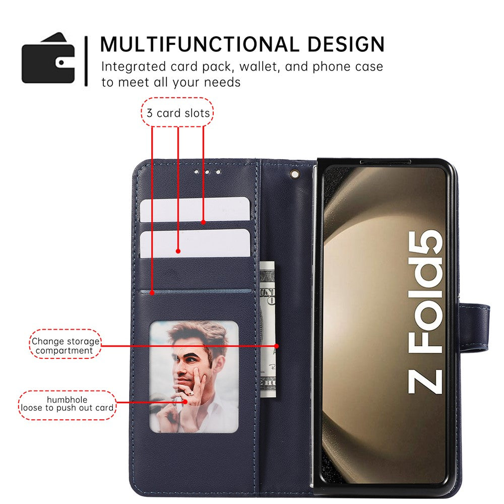 For Samsung Galaxy Z Fold7 5G Case 3D Rhombus Grid Imprinted Wallet Leather Phone Cover with Lanyard - Blue