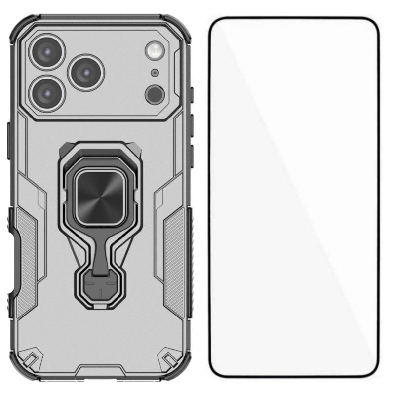 For iPhone 17 Pro Max Phone Case WANLONFENG PC TPU Back Cover Kickstand with Tempered Glass - Grey