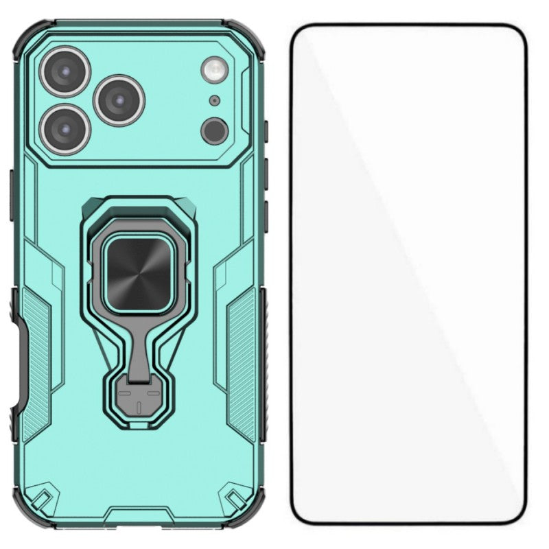 For iPhone 17 Pro Max Phone Case WANLONFENG PC TPU Back Cover Kickstand with Tempered Glass - Green