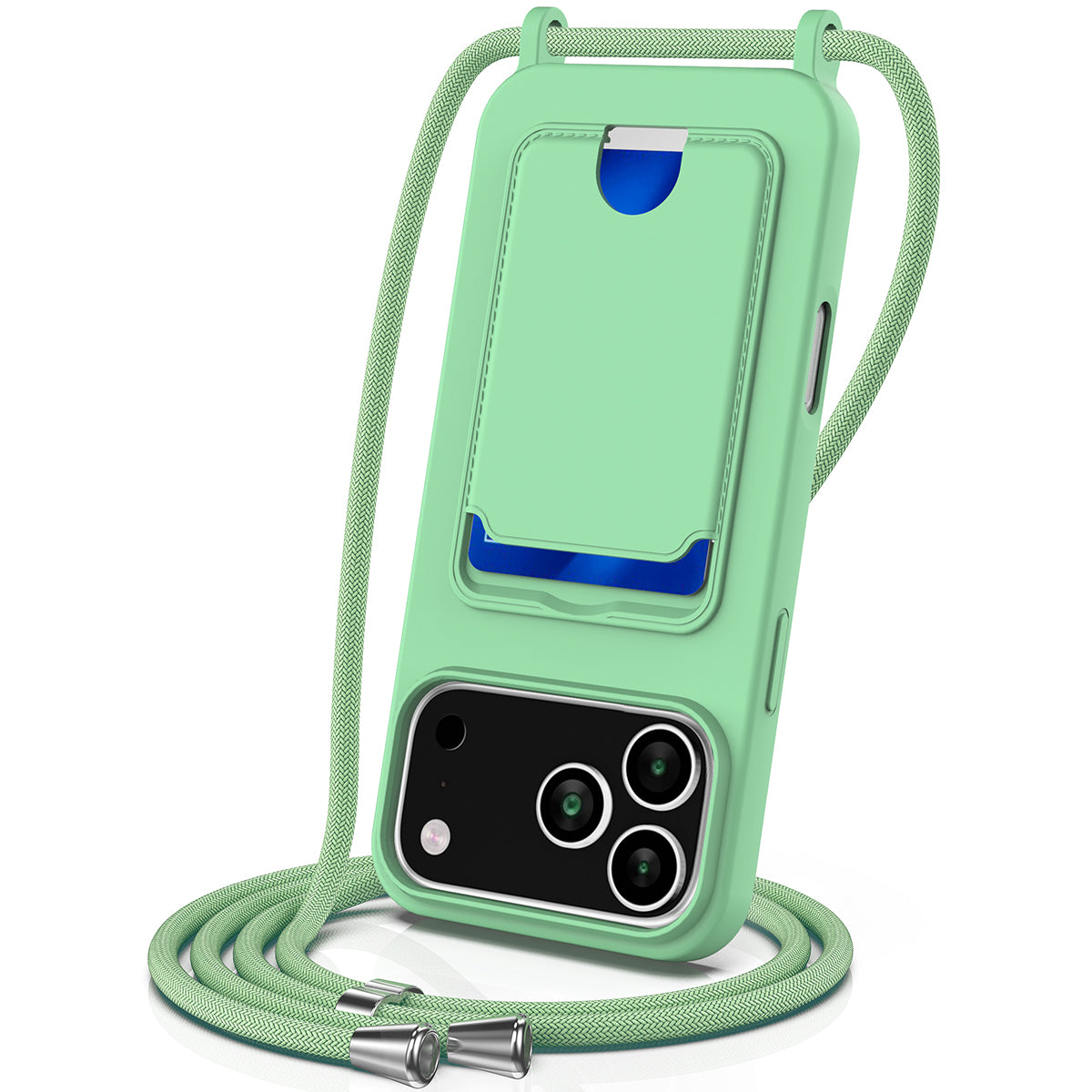 For iPhone 17 Pro Max Case Liquid Silicone Card Holder Back Phone Cover with Lanyard - Green