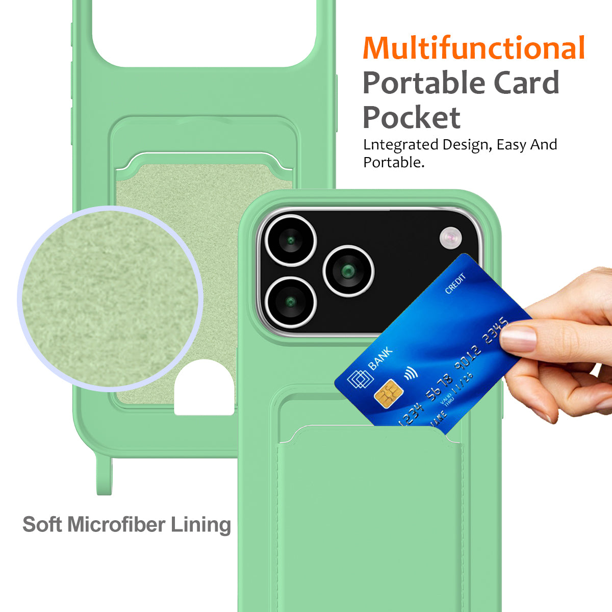 For iPhone 17 Pro Max Case Liquid Silicone Card Holder Back Phone Cover with Lanyard - Green
