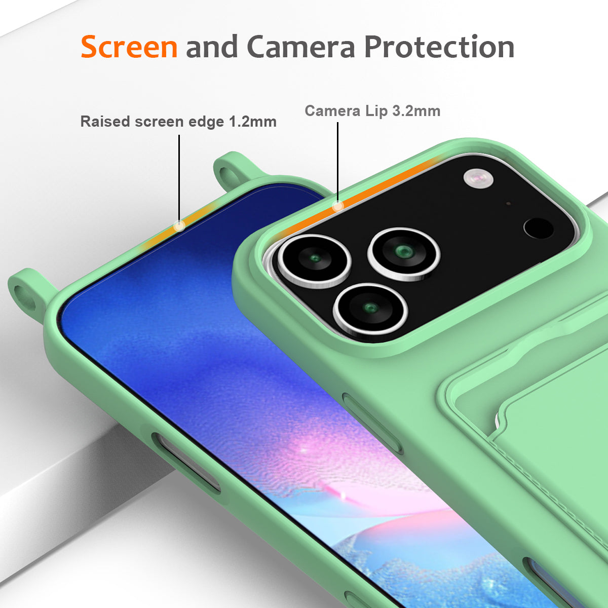 For iPhone 17 Pro Max Case Liquid Silicone Card Holder Back Phone Cover with Lanyard - Green