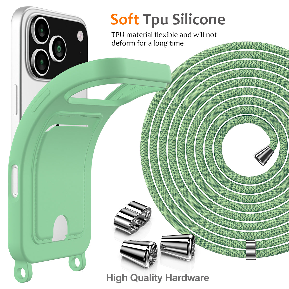 For iPhone 17 Pro Max Case Liquid Silicone Card Holder Back Phone Cover with Lanyard - Green