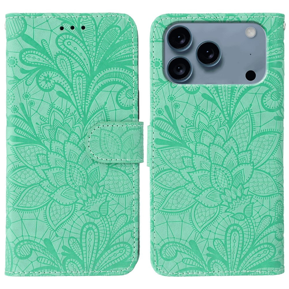 For iPhone 17 Pro Max Case Lace Flowers PU Leather Flip Wallet Phone Cover - Green