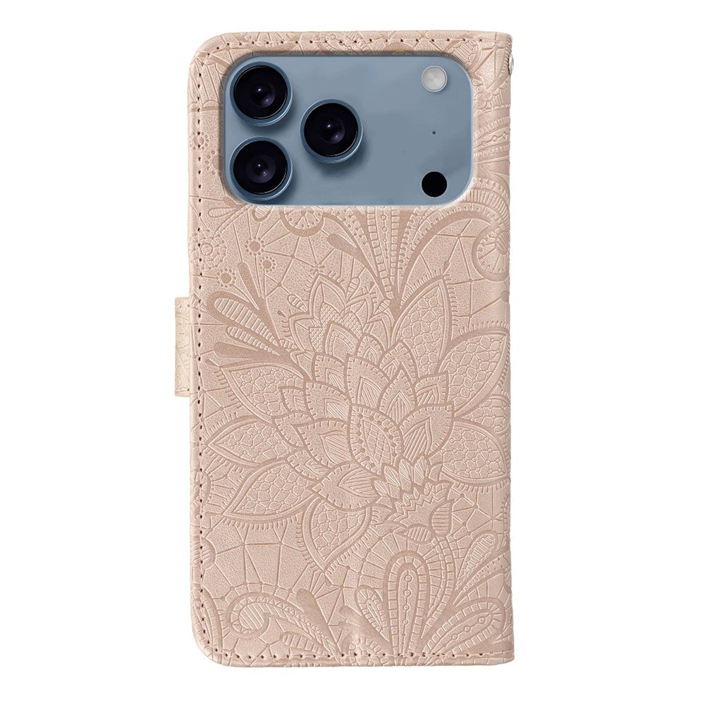 For iPhone 17 Pro Max Case Lace Flowers PU Leather Flip Wallet Phone Cover - Rose Gold