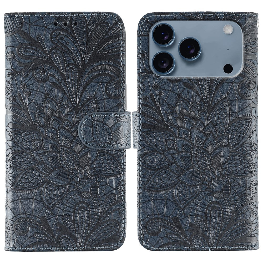 For iPhone 17 Pro Max Case Lace Flowers PU Leather Flip Wallet Phone Cover - Dark Blue