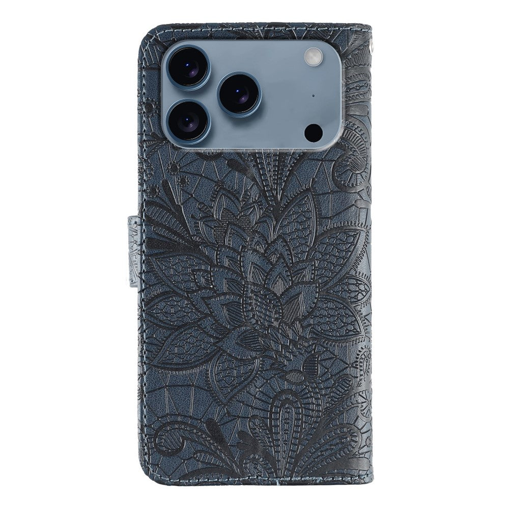 For iPhone 17 Pro Max Case Lace Flowers PU Leather Flip Wallet Phone Cover - Dark Blue