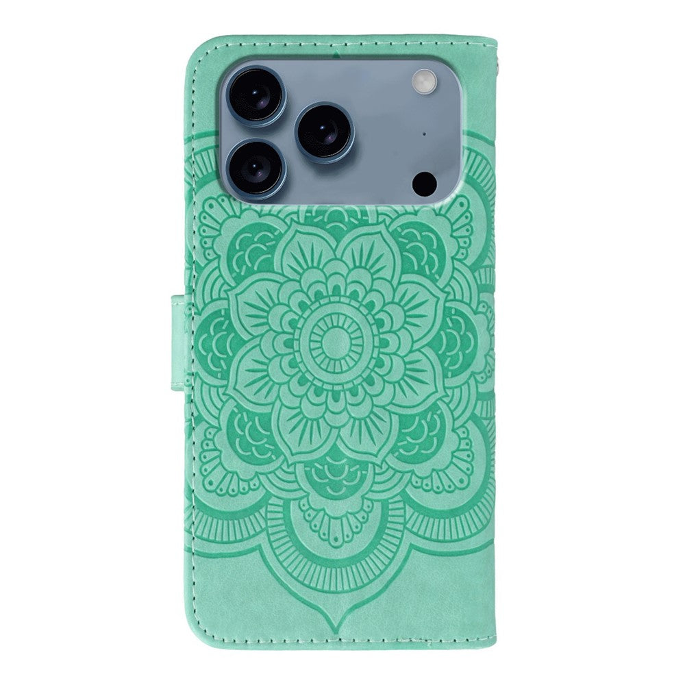 For iPhone 17 Pro Max Case PU Leather Mandala Imprinted Design Wallet Phone Cover with Wrist Strap - Green
