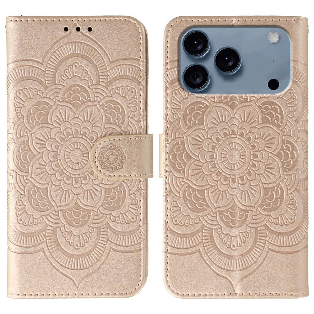 For iPhone 17 Pro Max Case PU Leather Mandala Imprinted Design Wallet Phone Cover with Wrist Strap - Rose Gold