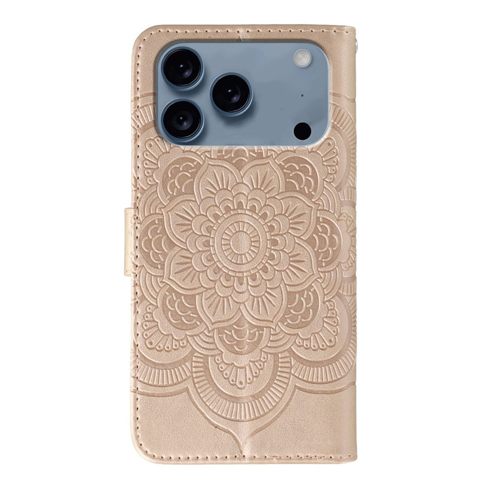 For iPhone 17 Pro Max Case PU Leather Mandala Imprinted Design Wallet Phone Cover with Wrist Strap - Rose Gold