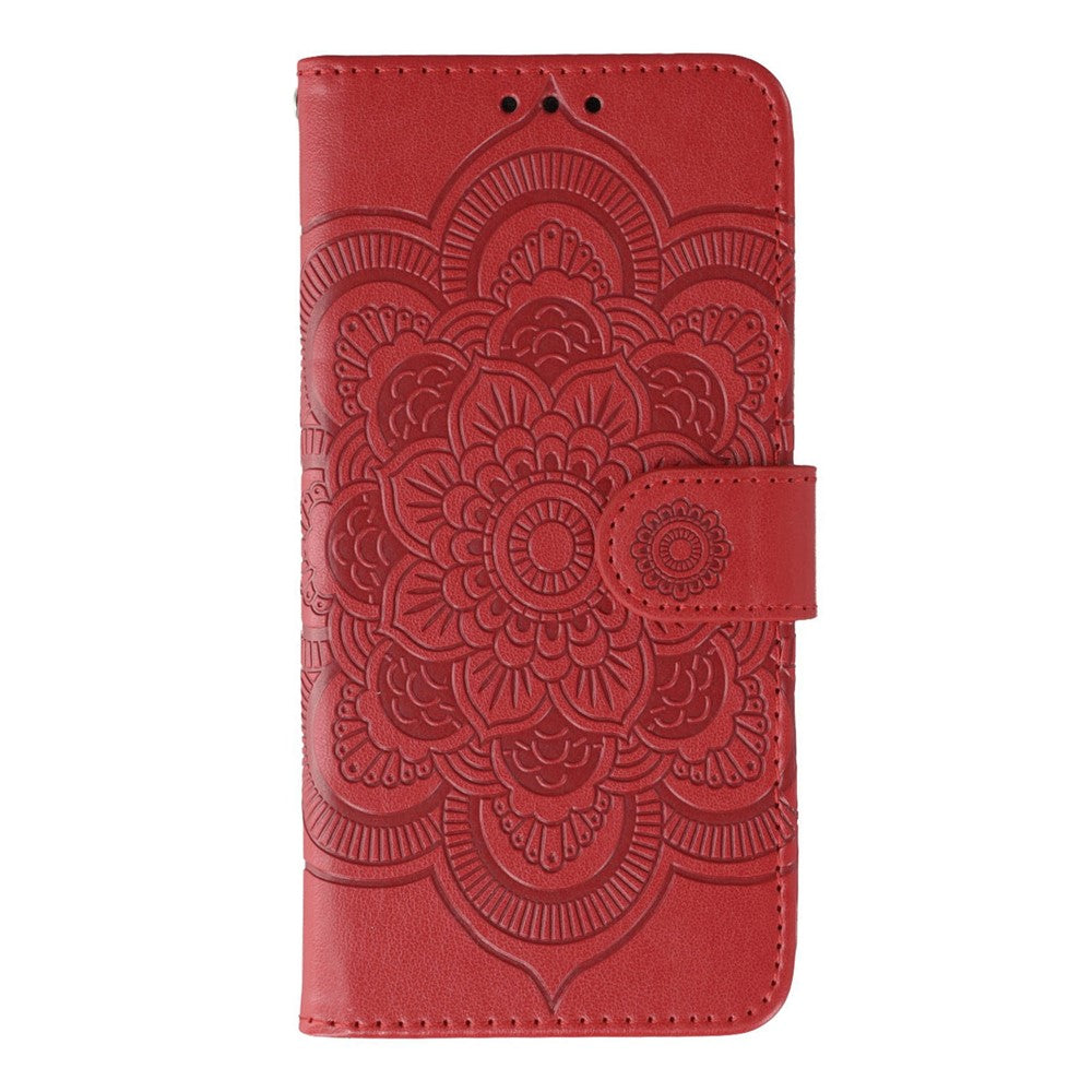 For iPhone 17 Pro Max Case PU Leather Mandala Imprinted Design Wallet Phone Cover with Wrist Strap - Red