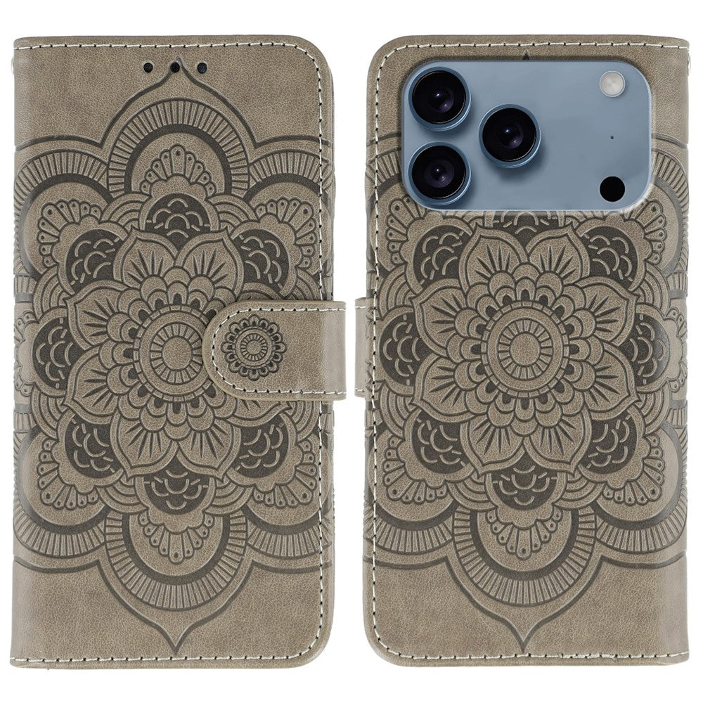 For iPhone 17 Pro Max Case PU Leather Mandala Imprinted Design Wallet Phone Cover with Wrist Strap - Grey
