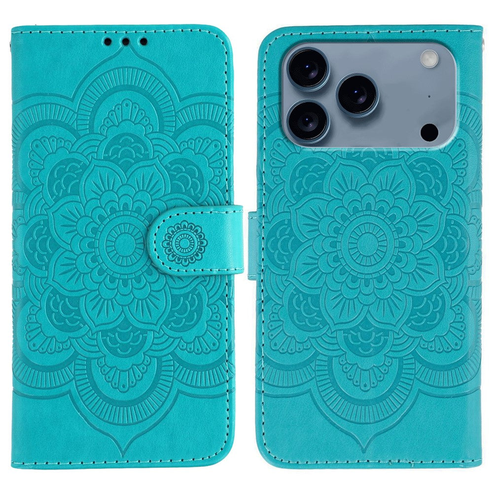For iPhone 17 Pro Max Case PU Leather Mandala Imprinted Design Wallet Phone Cover with Wrist Strap - Blue