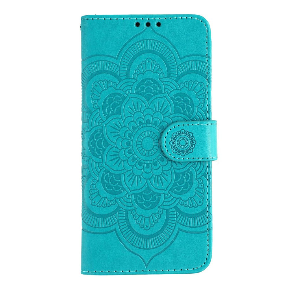 For iPhone 17 Pro Max Case PU Leather Mandala Imprinted Design Wallet Phone Cover with Wrist Strap - Blue