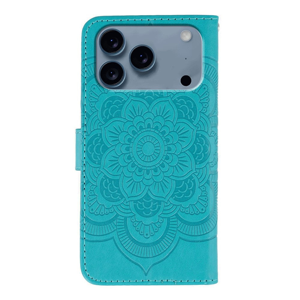 For iPhone 17 Pro Max Case PU Leather Mandala Imprinted Design Wallet Phone Cover with Wrist Strap - Blue