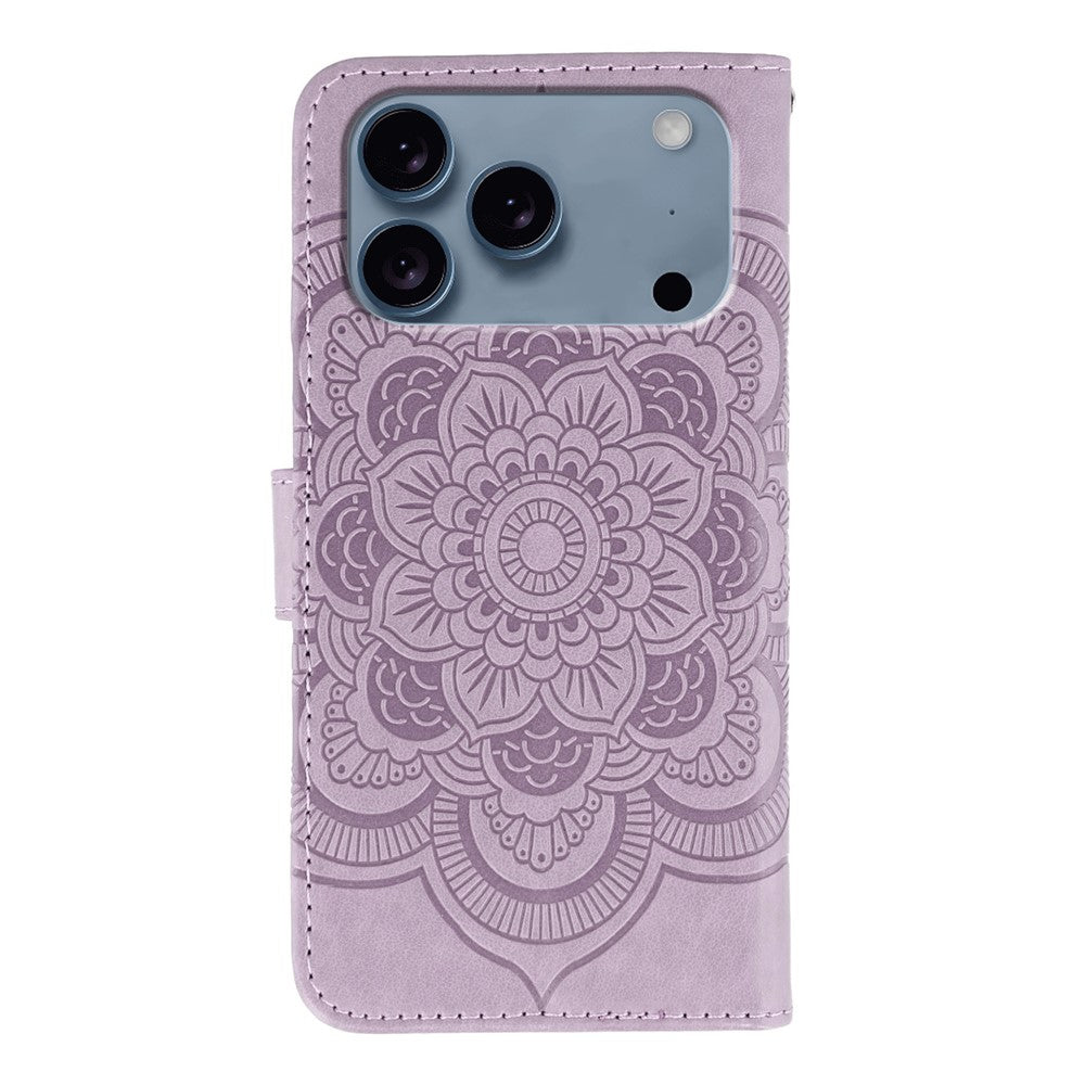 For iPhone 17 Pro Max Case PU Leather Mandala Imprinted Design Wallet Phone Cover with Wrist Strap - Purple
