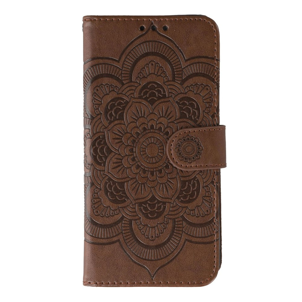 For iPhone 17 Pro Max Case PU Leather Mandala Imprinted Design Wallet Phone Cover with Wrist Strap - Brown