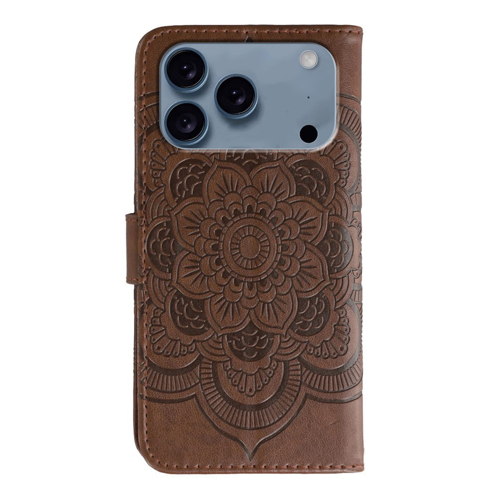 For iPhone 17 Pro Max Case PU Leather Mandala Imprinted Design Wallet Phone Cover with Wrist Strap - Brown