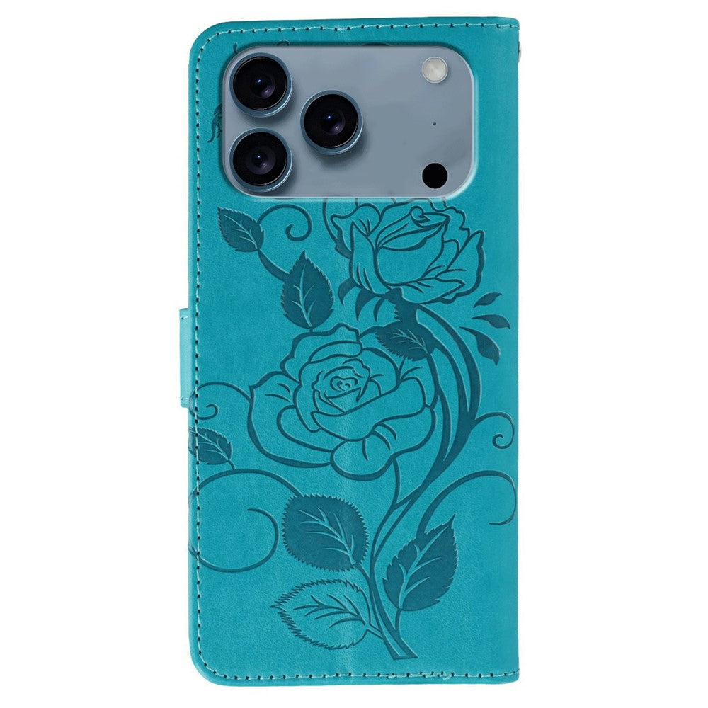 For iPhone 17 Pro Max Case Wallet Stand Imprinted Rose Butterfly PU Leather Phone Cover - Blue