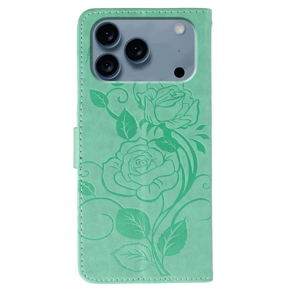 For iPhone 17 Pro Max Case Wallet Stand Imprinted Rose Butterfly PU Leather Phone Cover - Green
