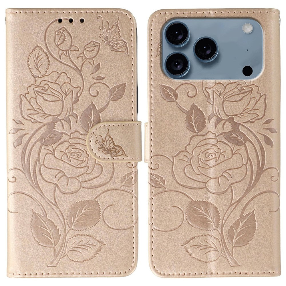 For iPhone 17 Pro Max Case Wallet Stand Imprinted Rose Butterfly PU Leather Phone Cover - Rose Gold