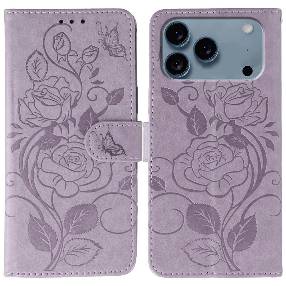 For iPhone 17 Pro Max Case Wallet Stand Imprinted Rose Butterfly PU Leather Phone Cover - Purple