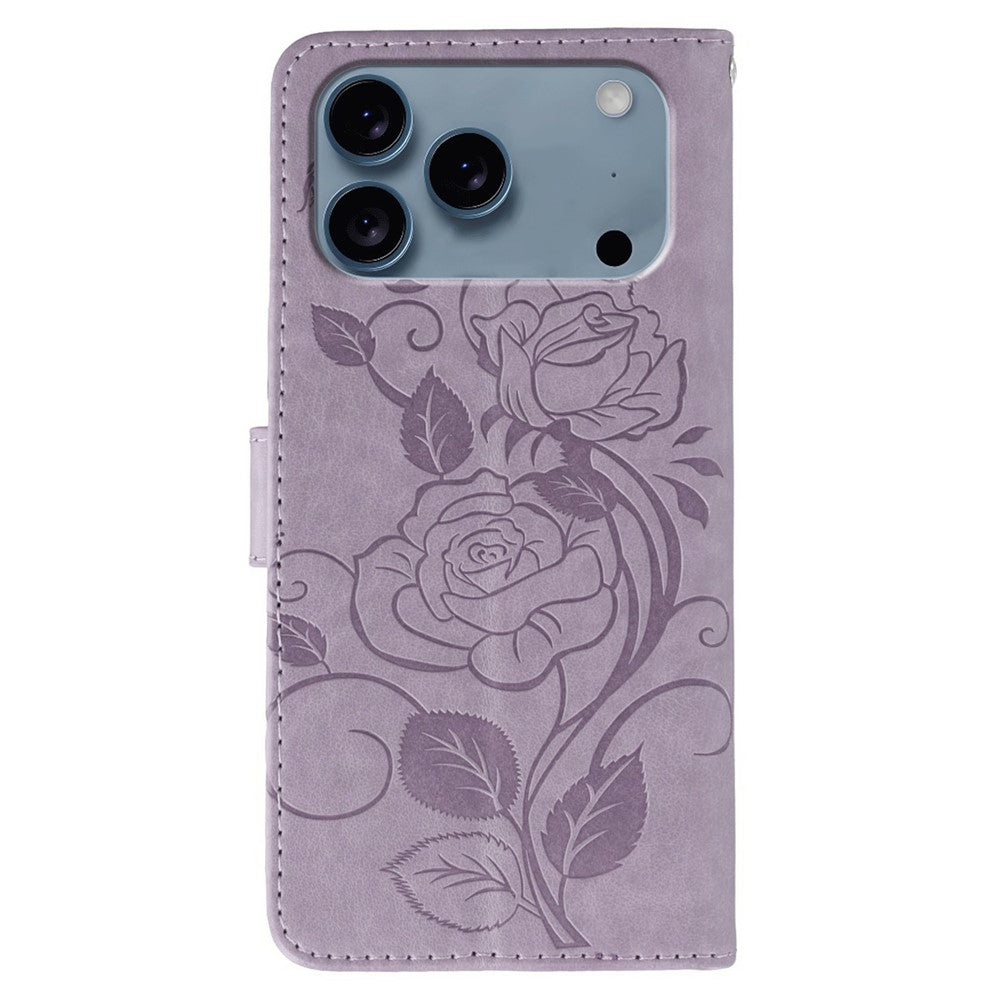 For iPhone 17 Pro Max Case Wallet Stand Imprinted Rose Butterfly PU Leather Phone Cover - Purple