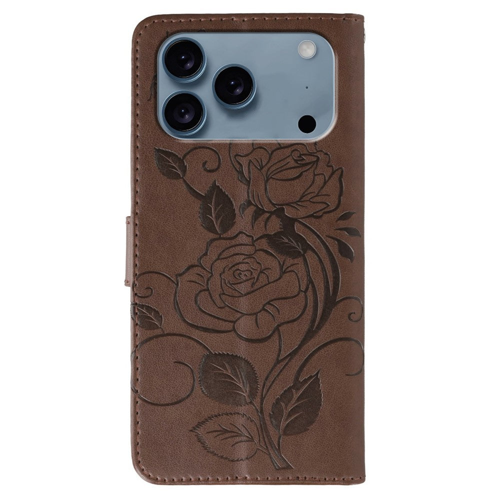 For iPhone 17 Pro Max Case Wallet Stand Imprinted Rose Butterfly PU Leather Phone Cover - Brown