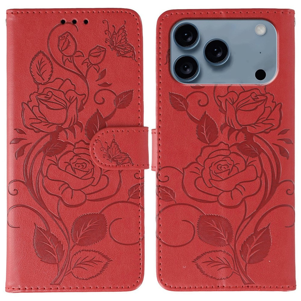 For iPhone 17 Pro Max Case Wallet Stand Imprinted Rose Butterfly PU Leather Phone Cover - Red