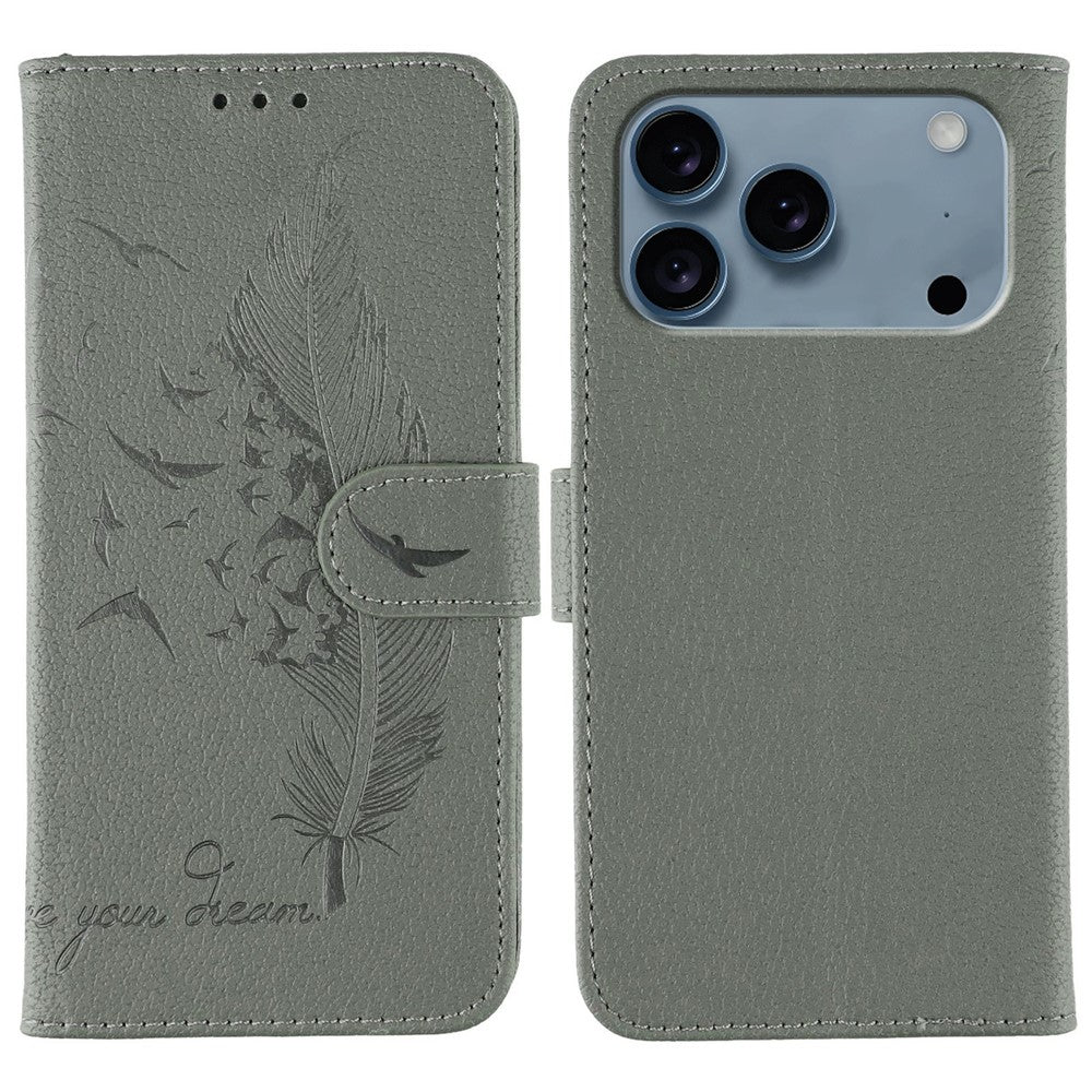 For iPhone 17 Pro Max Case Feather Imprint PU Leather Wallet Phone Cover - Grey