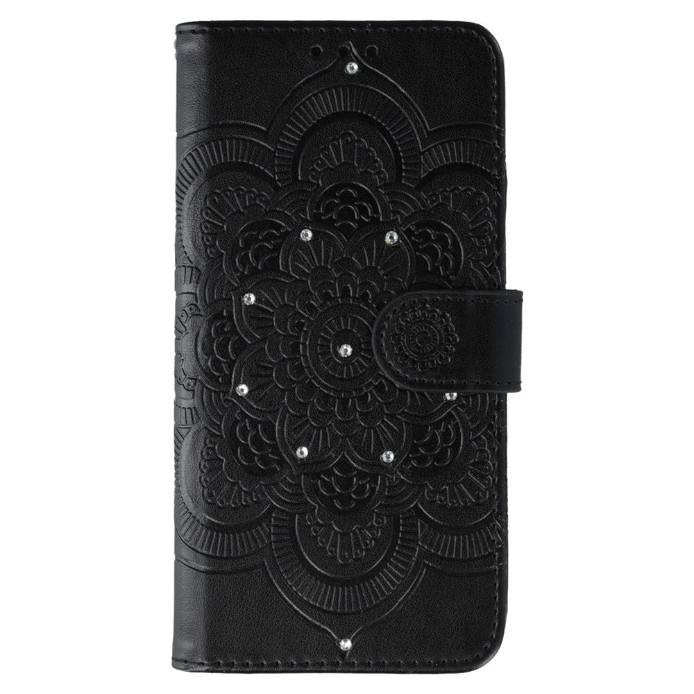 For iPhone 17 Pro Max Case Rhinestone Decor PU Leather Mandala Imprinted Design Phone Cover with Wrist Strap - Black