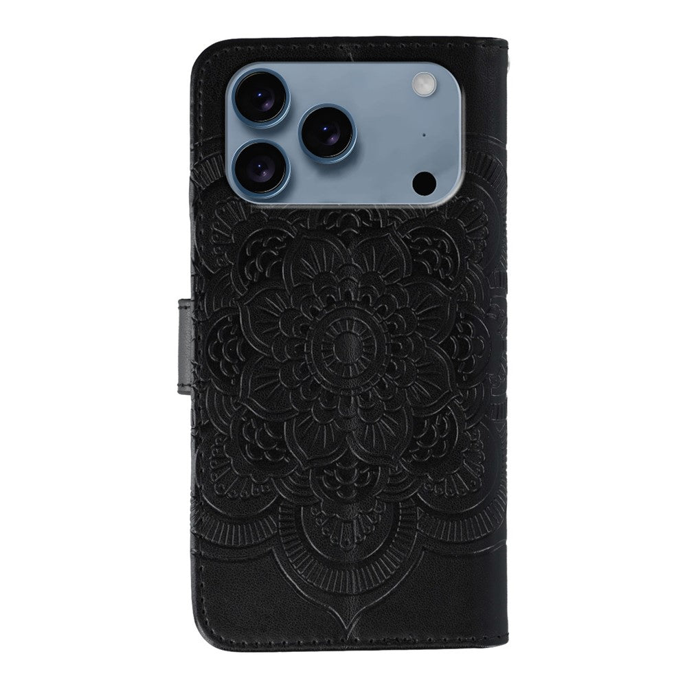 For iPhone 17 Pro Max Case Rhinestone Decor PU Leather Mandala Imprinted Design Phone Cover with Wrist Strap - Black