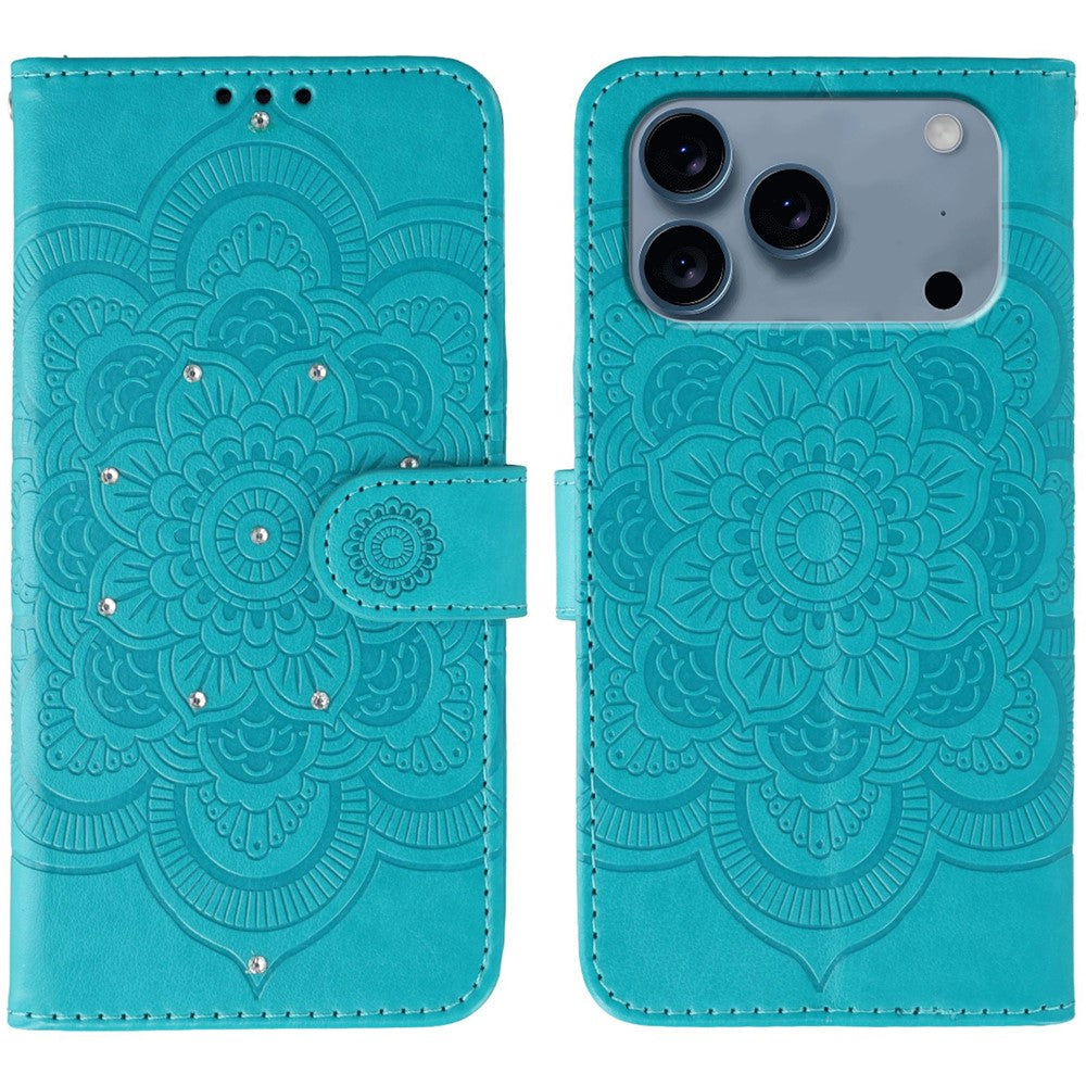 For iPhone 17 Pro Max Case Rhinestone Decor PU Leather Mandala Imprinted Design Phone Cover with Wrist Strap - Blue