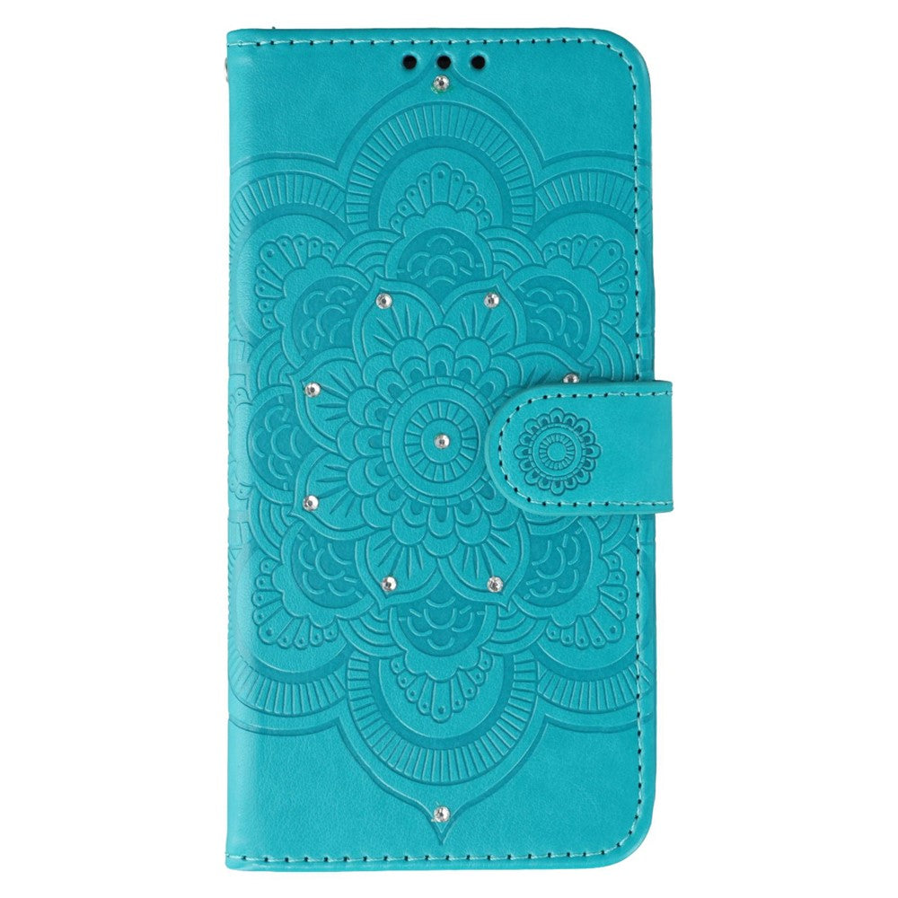 For iPhone 17 Pro Max Case Rhinestone Decor PU Leather Mandala Imprinted Design Phone Cover with Wrist Strap - Blue