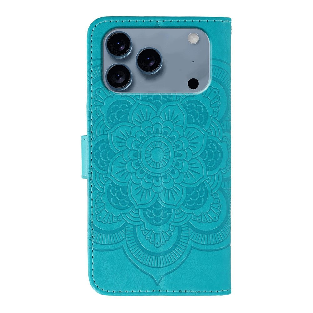 For iPhone 17 Pro Max Case Rhinestone Decor PU Leather Mandala Imprinted Design Phone Cover with Wrist Strap - Blue