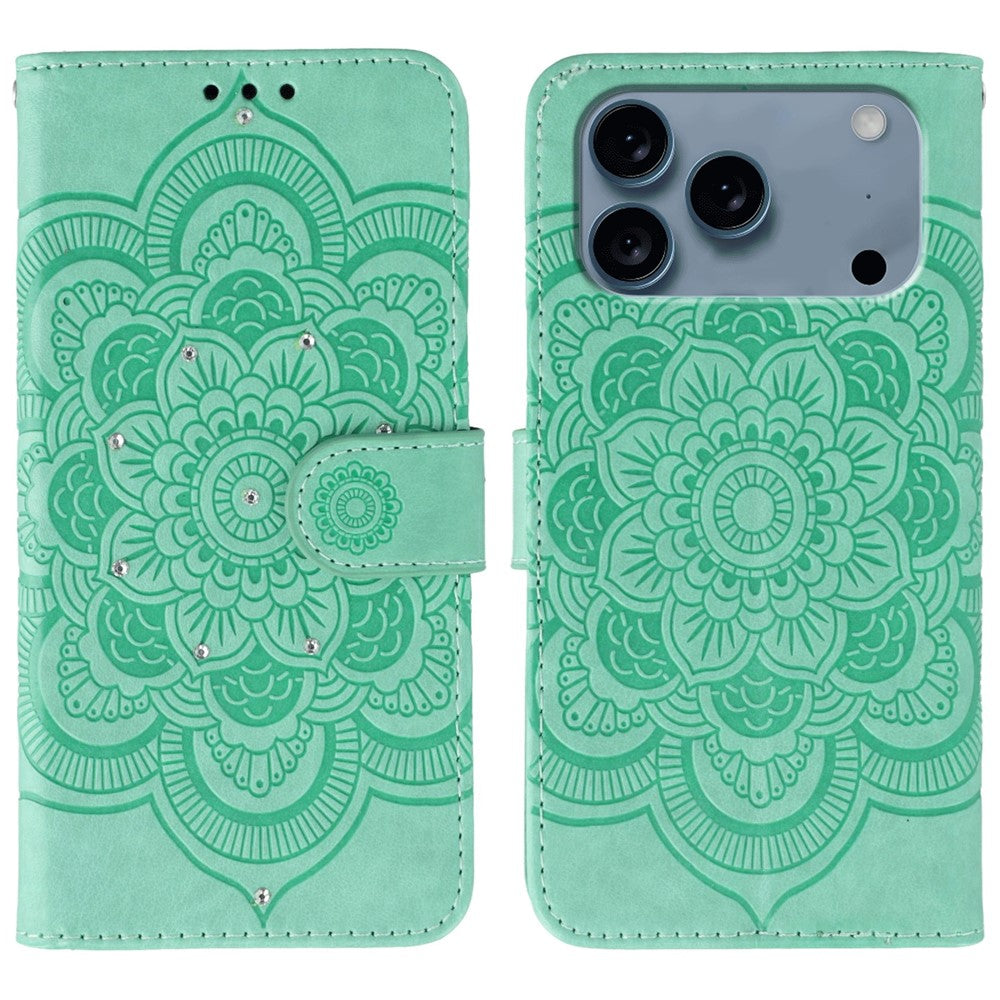 For iPhone 17 Pro Max Case Rhinestone Decor PU Leather Mandala Imprinted Design Phone Cover with Wrist Strap - Green
