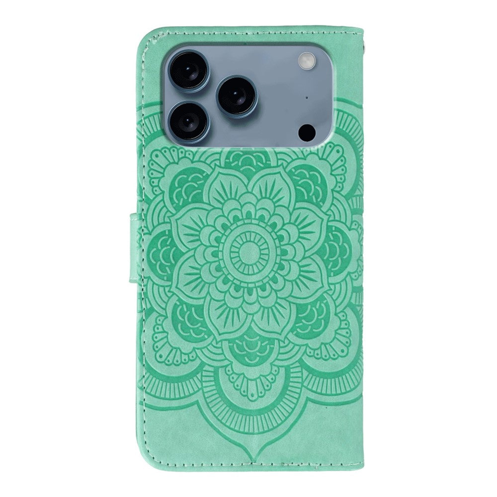 For iPhone 17 Pro Max Case Rhinestone Decor PU Leather Mandala Imprinted Design Phone Cover with Wrist Strap - Green